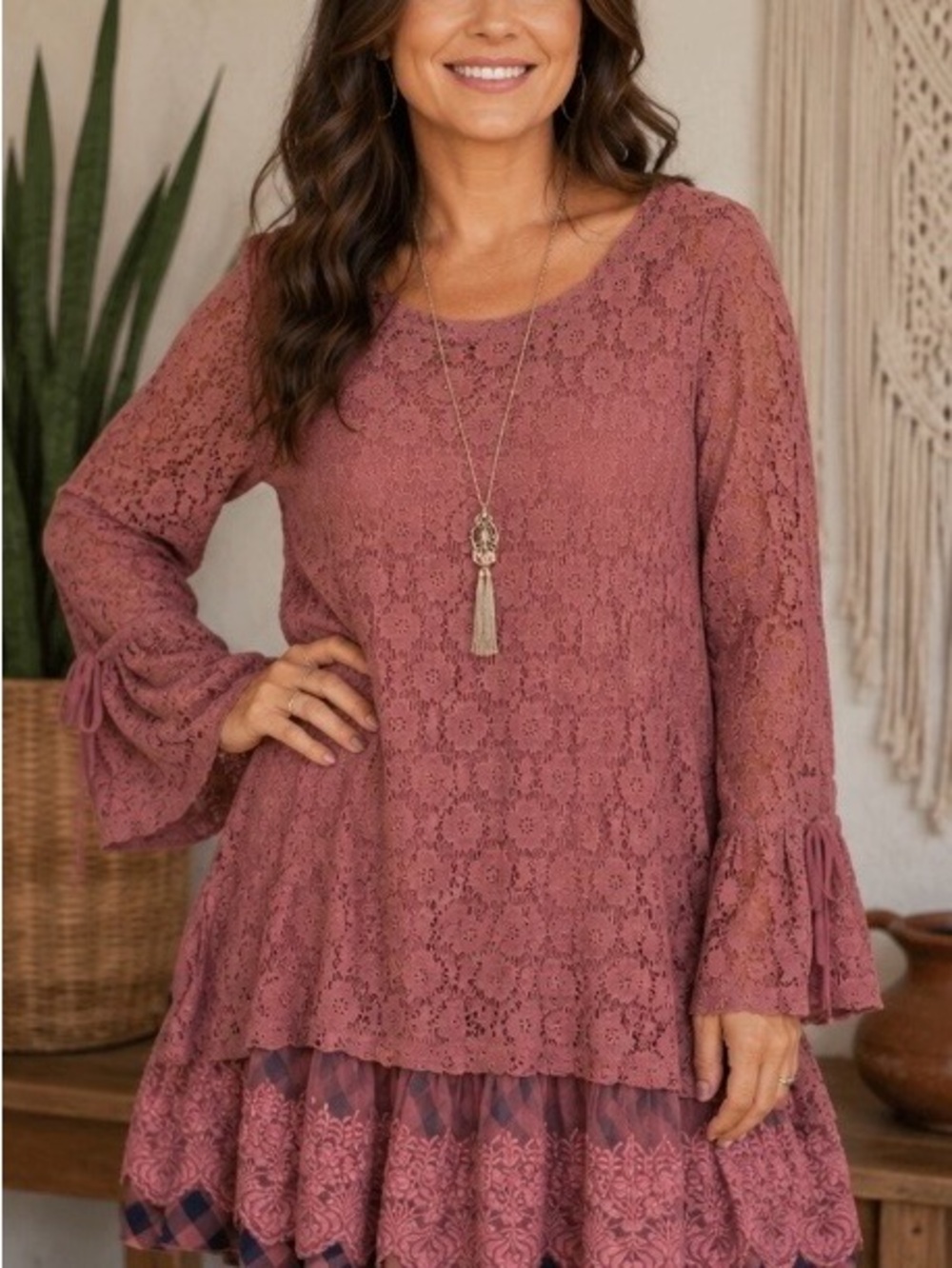 Sacred Threads Rose Mauve Lace-Trim Tunic